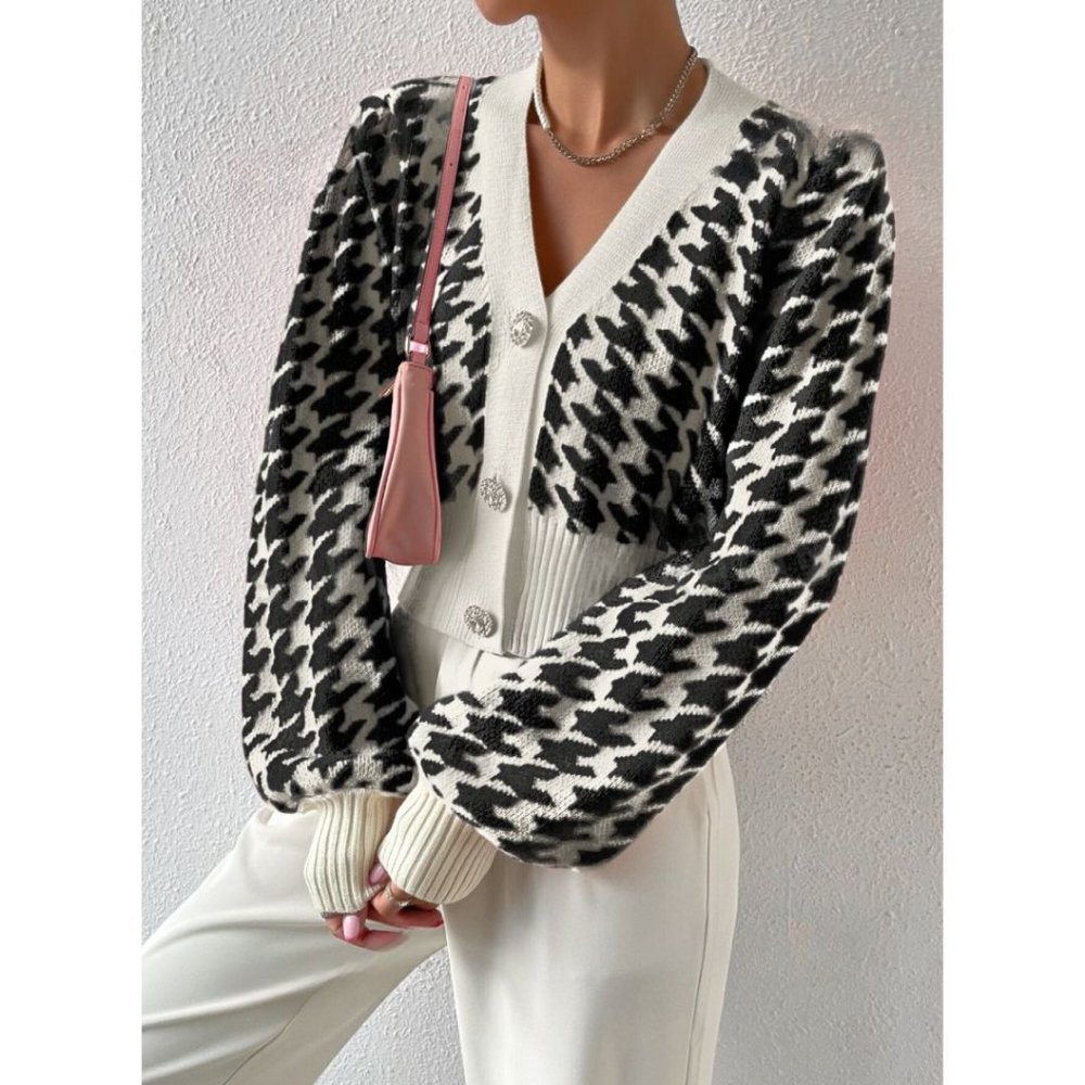 Houndstooth Lantern Sleeve Cardigan Black/White - Picture 2 of 9